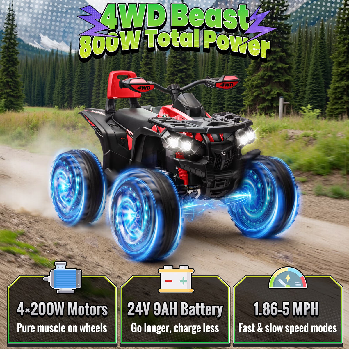4WD ATV for Kids, 24 Volt Ride on Toys, Power ATV Wheels with 800W Motor, Remote, Bluetooth Music, Horn, LED for Big Kids Gift, Red