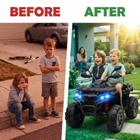 12V Kids Ride on ATV with 2 Seater,2* 45W Motor 7AH Battery Powered Electric Vehicle W/ LED Lights,High & Low Speed,Music,Spring Suspension,Ride on Car 4 Wheeler Quad for Boys & Girls,Black — Before & After