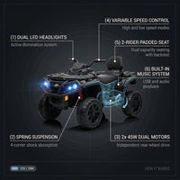 12V Kids Ride on ATV with 2 Seater,2* 45W Motor 7AH Battery Powered Electric Vehicle W/ LED Lights,High & Low Speed,Music,Spring Suspension,Ride on Car 4 Wheeler Quad for Boys & Girls,Black — How It Works