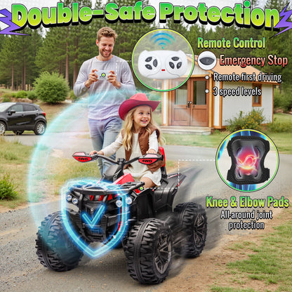 4WD ATV for Kids, 24 Volt Ride on Toys, Power ATV Wheels with 800W Motor, Remote, Bluetooth Music, Horn, LED for Big Kids Gift, Red