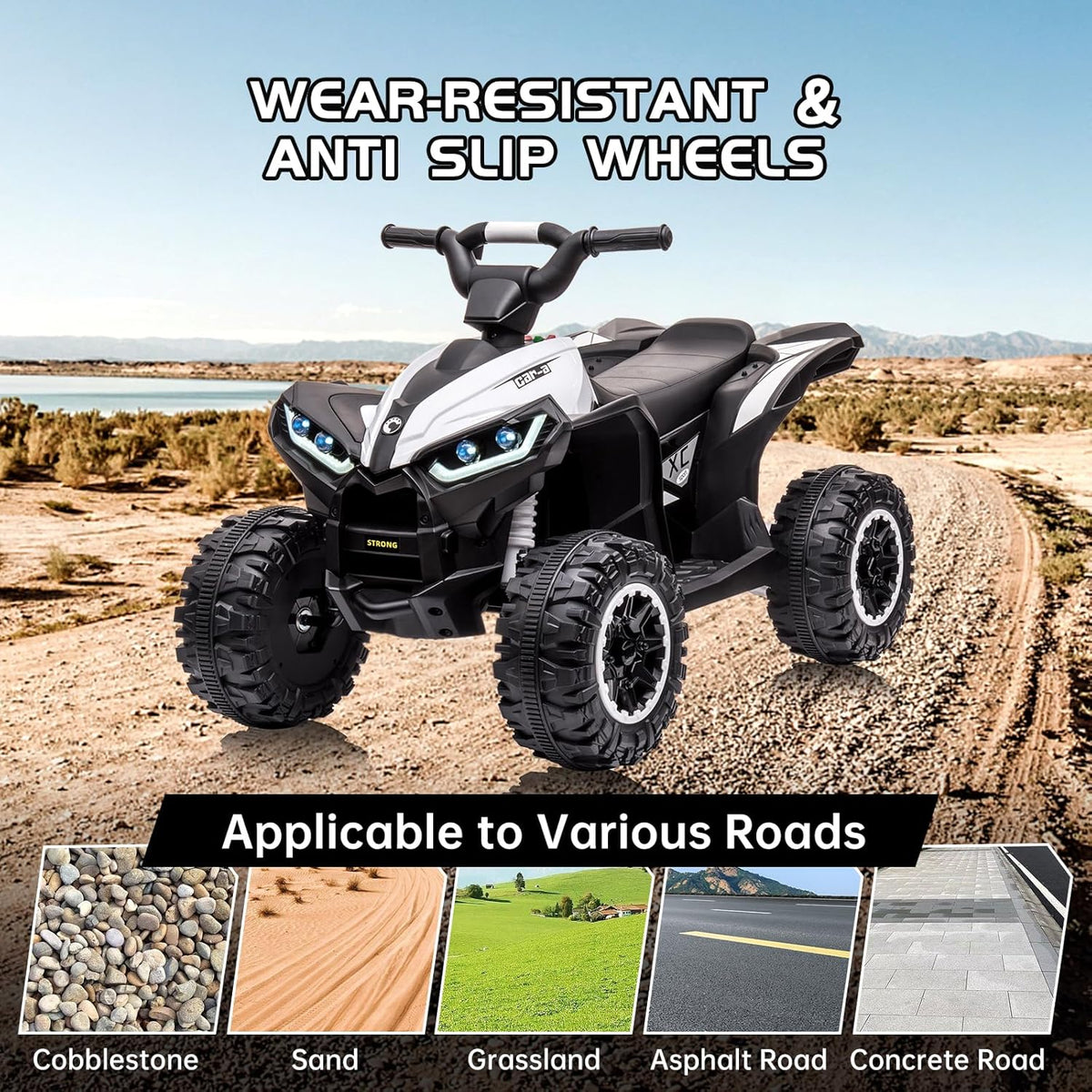 12V Ride on ATV for Kids Electric Four Wheeler for Toddlers Ages 3-8, Battery Powered Quad with Remote Control, LED Lights, Music, High/Low Speed, USB, White