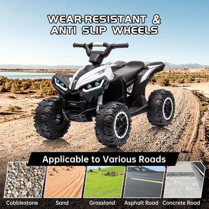 12V Ride on ATV for Kids Electric Four Wheeler for Toddlers Ages 3-8, Battery Powered Quad with Remote Control, LED Lights, Music, High/Low Speed, USB, White