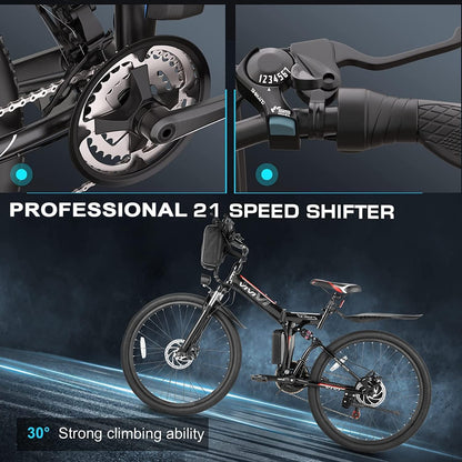 M026TGB 26" Electric Bike for Adults, 500W (Peak 1000W Motor Folding Electric Commuter Bike with Front Basket, 48V Removable Battery Ebike, 21 Speed Ebike, up to 50 Miles