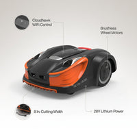 28-Volt 8 In. Cutting Width Robot Lawn Mower Revola X4E Mower, Brushless Wheel Motors, Cloudhawk App and Wifi Control — infographic