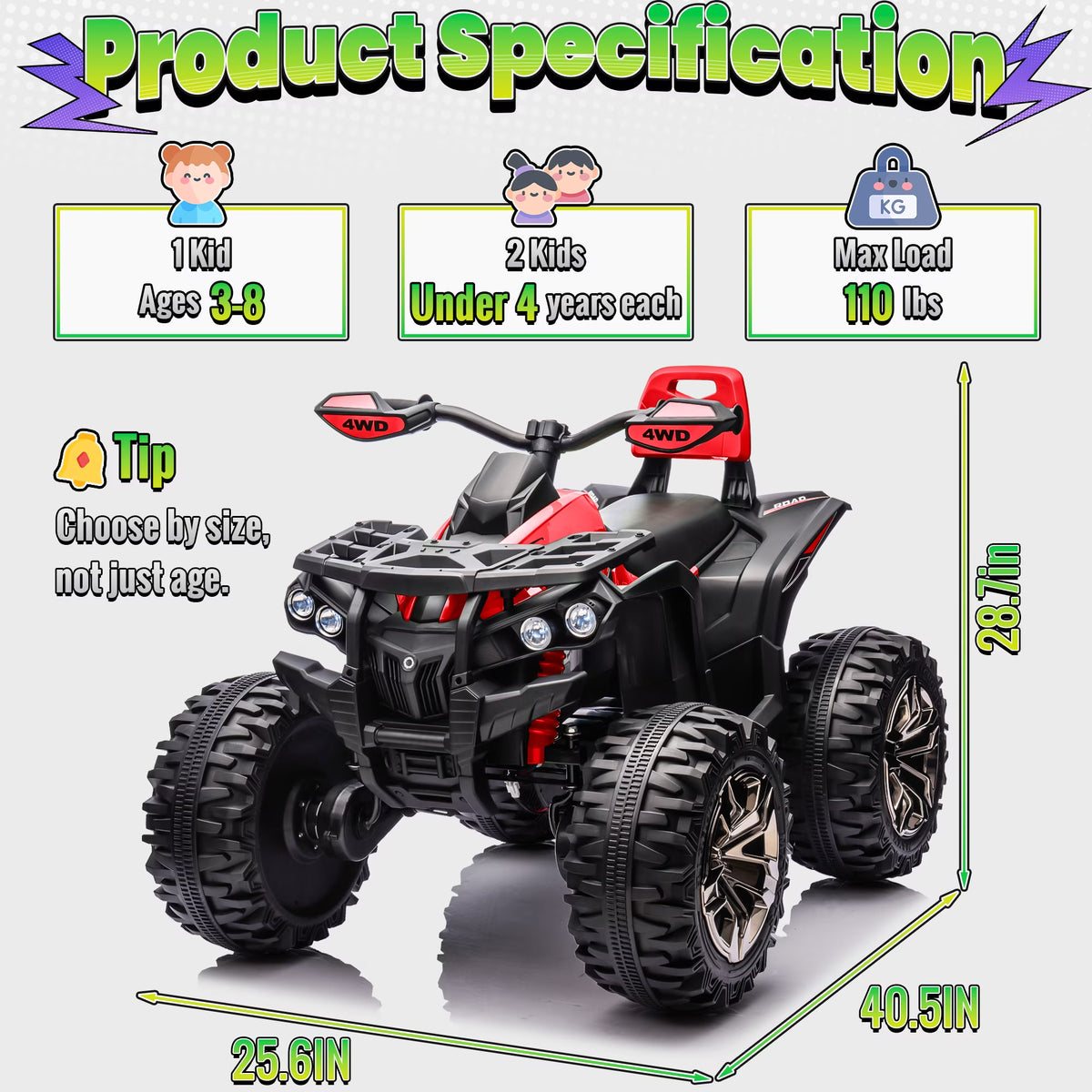 4WD ATV for Kids, 24 Volt Ride on Toys, Power ATV Wheels with 800W Motor, Remote, Bluetooth Music, Horn, LED for Big Kids Gift, Red