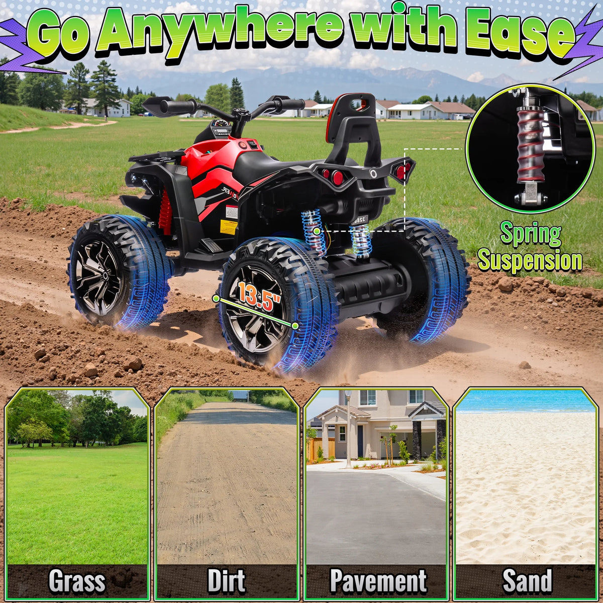 4WD ATV for Kids, 24 Volt Ride on Toys, Power ATV Wheels with 800W Motor, Remote, Bluetooth Music, Horn, LED for Big Kids Gift, Red