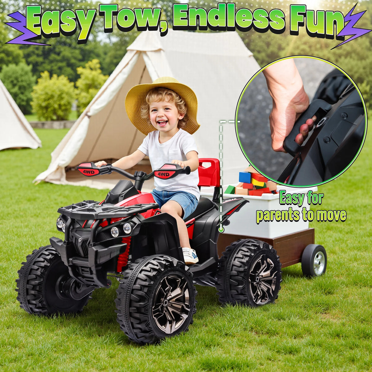 4WD ATV for Kids, 24 Volt Ride on Toys, Power ATV Wheels with 800W Motor, Remote, Bluetooth Music, Horn, LED for Big Kids Gift, Red
