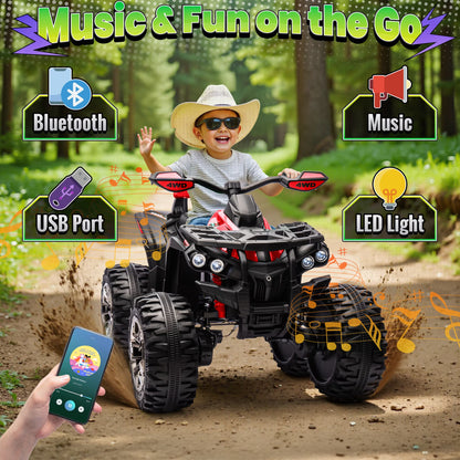 4WD ATV for Kids, 24 Volt Ride on Toys, Power ATV Wheels with 800W Motor, Remote, Bluetooth Music, Horn, LED for Big Kids Gift, Red
