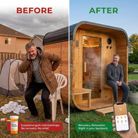 Backyard Discovery Lennon 2-4 Person Traditional Cedar Outdoor Cube Sauna with Porch, Electric Sauna Heater, Sauna Rocks, Dry Heat, Steam Sauna, LED Lights, Wi-Fi Control, Sauna Accessories — Before & After