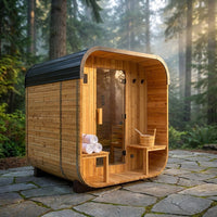 Backyard Discovery Lennon 2-4 Person Traditional Cedar Outdoor Cube Sauna with Porch, Electric Sauna Heater, Sauna Rocks, Dry Heat, Steam Sauna, LED Lights, Wi-Fi Control, Sauna Accessories — Studio Shot