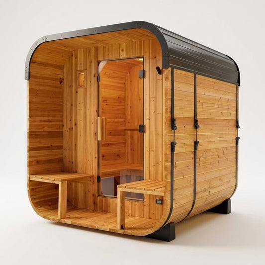 Backyard Discovery Lennon 2-4 Person Traditional Cedar Outdoor Cube Sauna with Porch, Electric Sauna Heater, Sauna Rocks, Dry Heat, Steam Sauna, LED Lights, Wi-Fi Control, Sauna Accessories — Studio Shot
