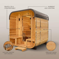 Backyard Discovery Lennon 2-4 Person Traditional Cedar Outdoor Cube Sauna with Porch, Electric Sauna Heater, Sauna Rocks, Dry Heat, Steam Sauna, LED Lights, Wi-Fi Control, Sauna Accessories — infographic