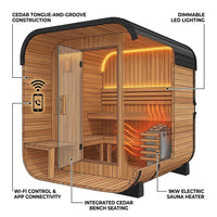 Backyard Discovery Lennon 2-4 Person Traditional Cedar Outdoor Cube Sauna with Porch, Electric Sauna Heater, Sauna Rocks, Dry Heat, Steam Sauna, LED Lights, Wi-Fi Control, Sauna Accessories — How It Works