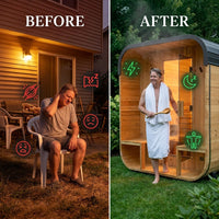 Backyard Discovery Lennon 4-6 Person Traditional Cedar Outdoor Cube Sauna with Porch, Electric Sauna Heater, Sauna Rocks, Dry Heat, Steam Sauna, LED Lights, Wi-Fi Control, Sauna Accessories — Before & After