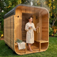 Backyard Discovery Lennon 4-6 Person Traditional Cedar Outdoor Cube Sauna with Porch, Electric Sauna Heater, Sauna Rocks, Dry Heat, Steam Sauna, LED Lights, Wi-Fi Control, Sauna Accessories — Lifestyle