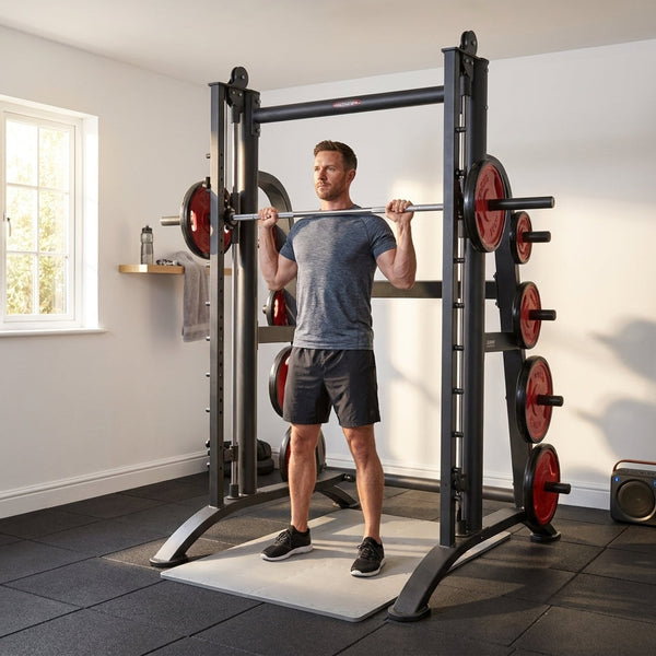 Smith Machine Built for Complete Strength Training, Height-Adjustable Supports, Multiple Bar Positions, Elastic Docks