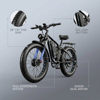 Off-Road Full Suspension Electric Bike 2000W Dual Motor 52V 23AH Battery Mountain Electric Bike 26 Inch Fat Tire Electric Bike — infographic