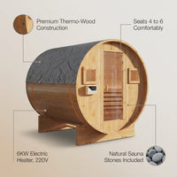 Outdoor Traditional Barrel Sauna | 4-6 Person Wood Sauna, Steam and Wet Sauna with 220V with 6KW Electric Heater, Sauna Stone — infographic