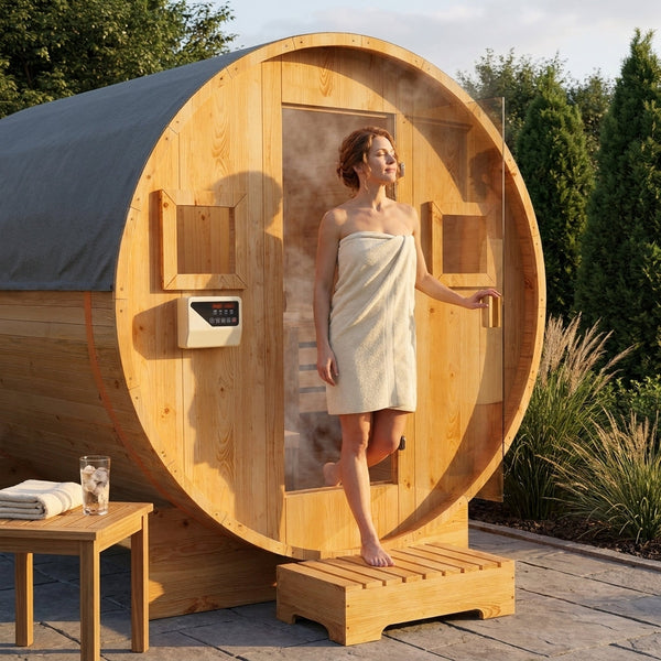 Outdoor Traditional Barrel Sauna Built for 4-6 People, Wood Construction, 6KW Electric Heater, Steam Ready