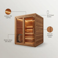 Traditional Cedar Sauna Built for 4-6 People, Electric Heater, Wi-Fi Control, LED Lights, Steam Function — infographic
