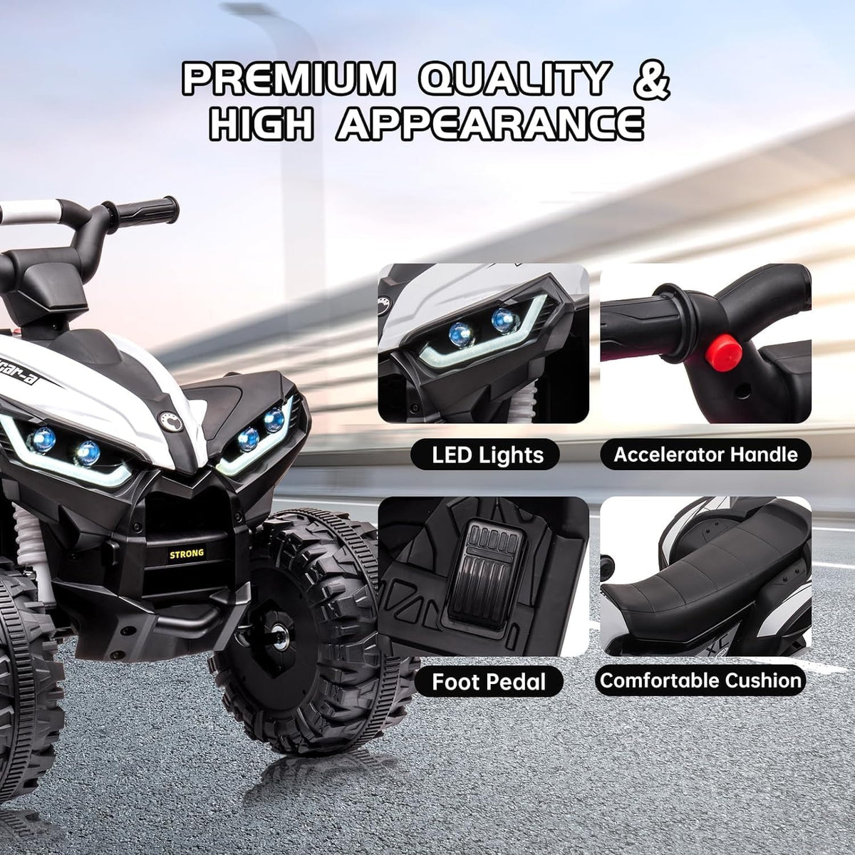 12V Ride on ATV for Kids Electric Four Wheeler for Toddlers Ages 3-8, Battery Powered Quad with Remote Control, LED Lights, Music, High/Low Speed, USB, White