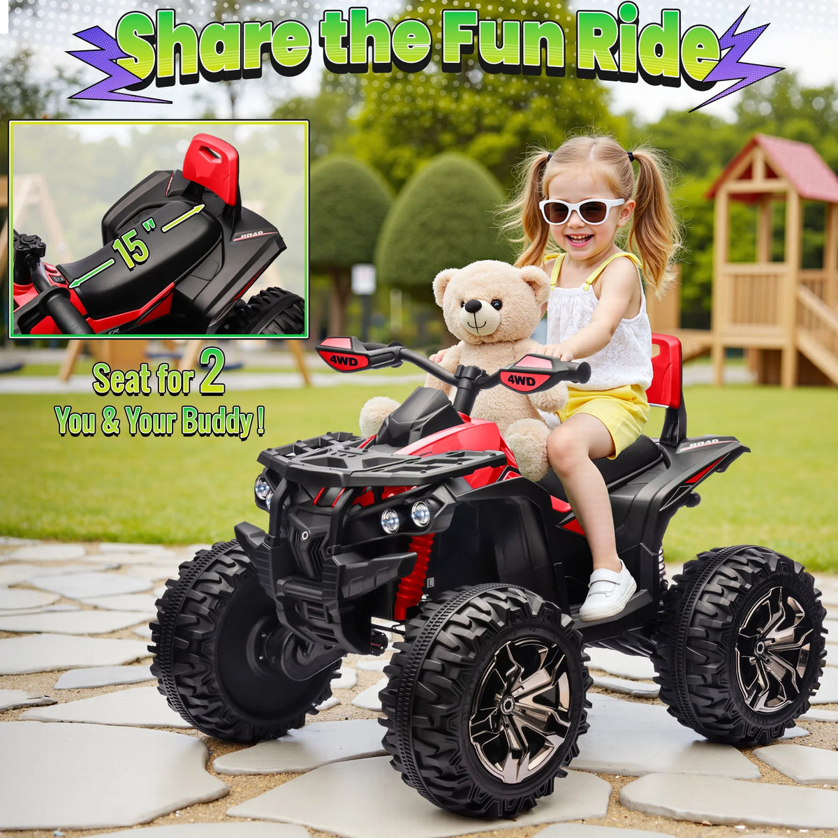 4WD ATV for Kids, 24 Volt Ride on Toys, Power ATV Wheels with 800W Motor, Remote, Bluetooth Music, Horn, LED for Big Kids Gift, Red