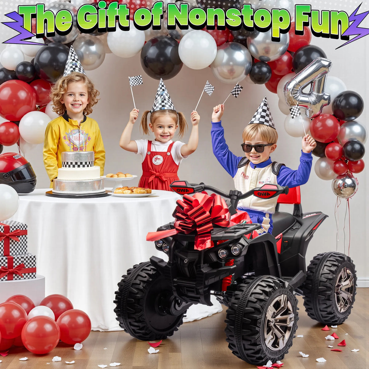 4WD ATV for Kids, 24 Volt Ride on Toys, Power ATV Wheels with 800W Motor, Remote, Bluetooth Music, Horn, LED for Big Kids Gift, Red
