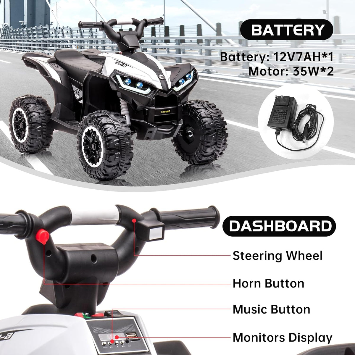 12V Ride on ATV for Kids Electric Four Wheeler for Toddlers Ages 3-8, Battery Powered Quad with Remote Control, LED Lights, Music, High/Low Speed, USB, White