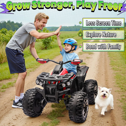 4WD ATV for Kids, 24 Volt Ride on Toys, Power ATV Wheels with 800W Motor, Remote, Bluetooth Music, Horn, LED for Big Kids Gift, Red