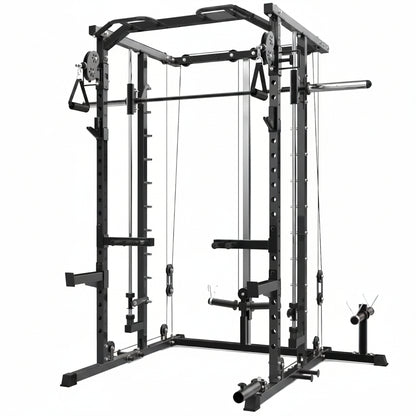 Power Cage, Smith Machine Squat Rack, Heavy Duty Power Rack for Home Gym with Pulley System, Dip Bar, LAT Pulldown, Multifunctional Squat Rack for Home Gym