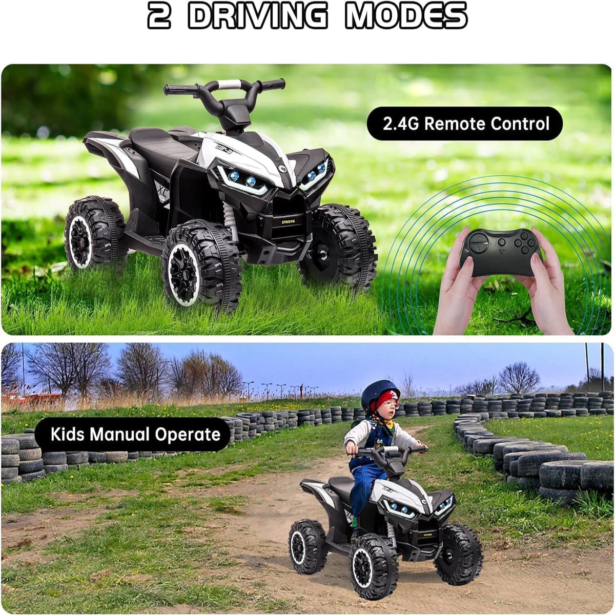 12V Ride on ATV for Kids Electric Four Wheeler for Toddlers Ages 3-8, Battery Powered Quad with Remote Control, LED Lights, Music, High/Low Speed, USB, White