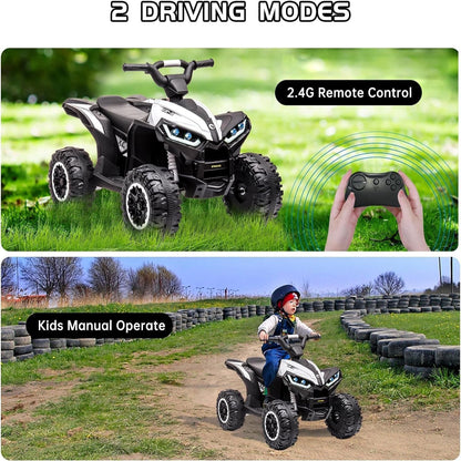 12V Ride on ATV for Kids Electric Four Wheeler for Toddlers Ages 3-8, Battery Powered Quad with Remote Control, LED Lights, Music, High/Low Speed, USB, White