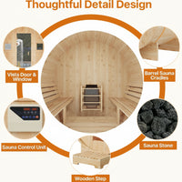 Outdoor Traditional Barrel Sauna Built for 4-6 People, Wood Construction, 6KW Electric Heater, Steam Ready